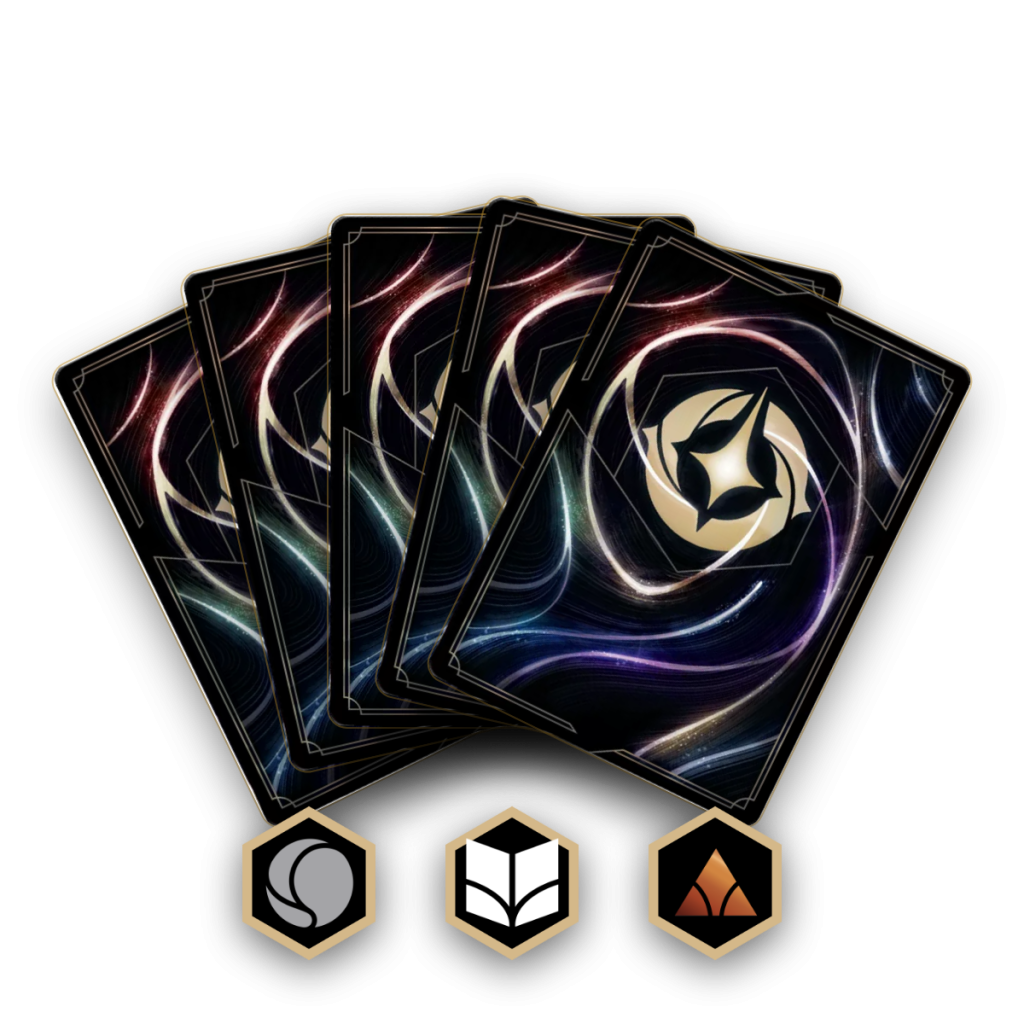 Waaier van Lorcana-kaartruggen met de iconen van Common, Uncommon en Rare