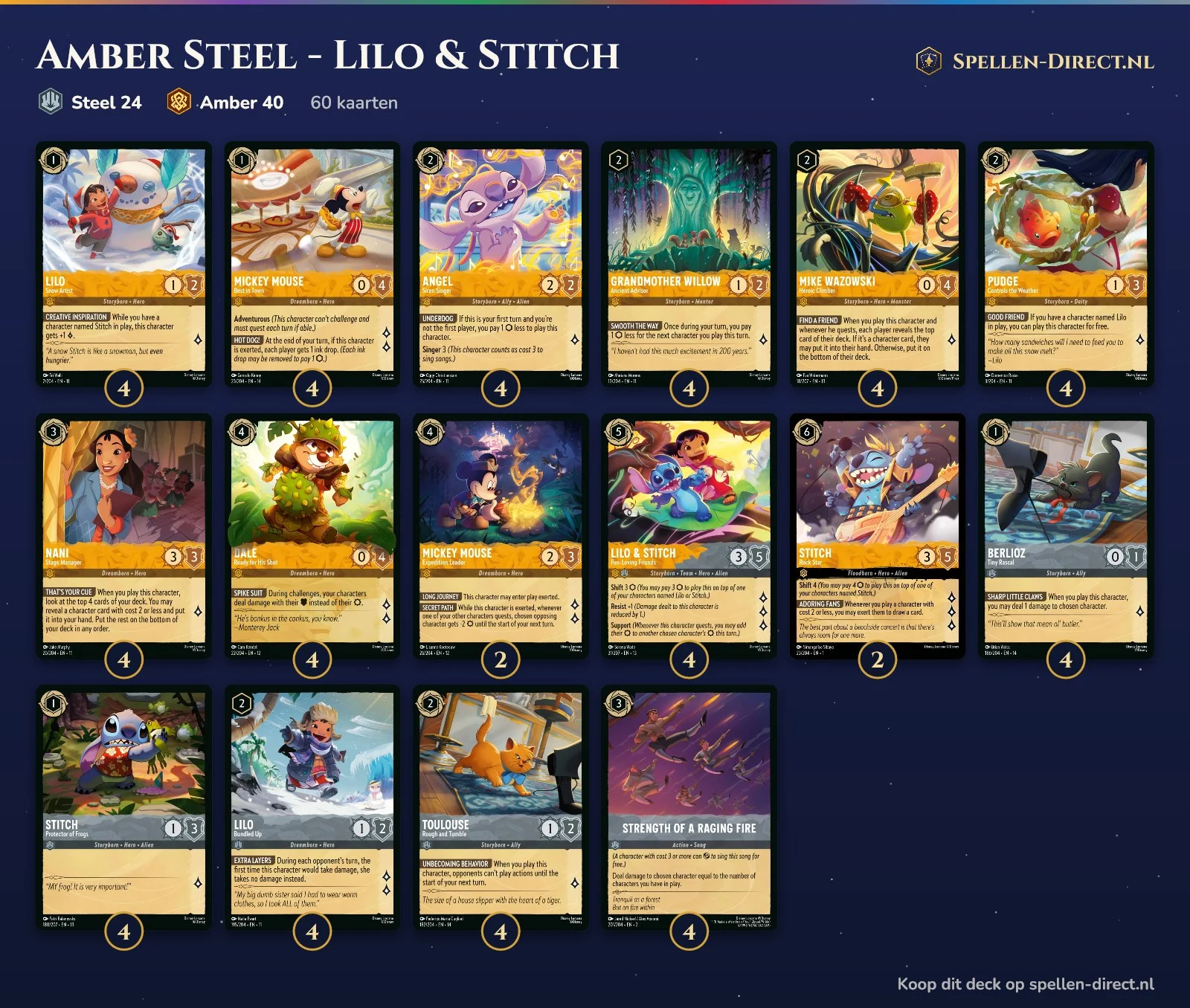 Deckliste Amber Steel - Lilo & Stitch: alle 60 Karten mit Anzahl
